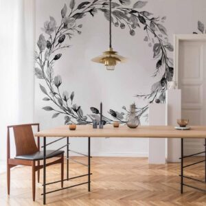 Fotobehang - Romantic wreath - grey plant motif with leaves with rose pattern