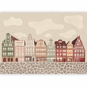 Fotobehang - Salt Square - Colorful Illustrated Townhouses Against a Cloudy Sky Background
