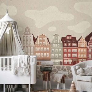 Fotobehang - Salt Square - Colorful Illustrated Townhouses Against a Cloudy Sky Background