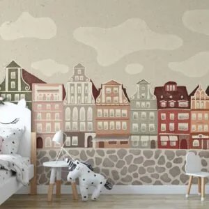Fotobehang - Salt Square - Colorful Illustrated Townhouses Against a Cloudy Sky Background