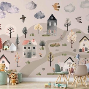 Fotobehang - Scandinavian Valley - Village in Pastel Colours Painted in Watercolours