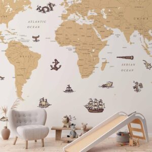 Fotobehang - Sea Wolf Map - Countries With Pirate Illustrations