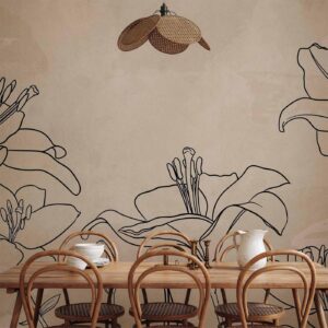 Fotobehang - Sketch of nature - minimalist lineart with lily flowers on a beige background