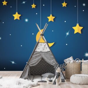 Fotobehang - Skyline - night sky landscape with stars and moon for children