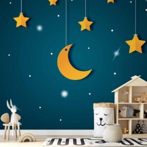 Fotobehang - Skyline - turquoise night sky landscape with stars for children