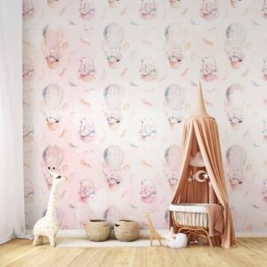 Fotobehang - Solid pattern with feathers - hares in a basket and in a balloon for children