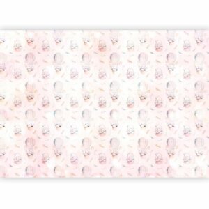 Fotobehang - Solid pattern with feathers - hares in a basket and in a balloon for children