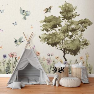 Fotobehang - Spring Meadow - a Clearing With Flowers Painted in Watercolours