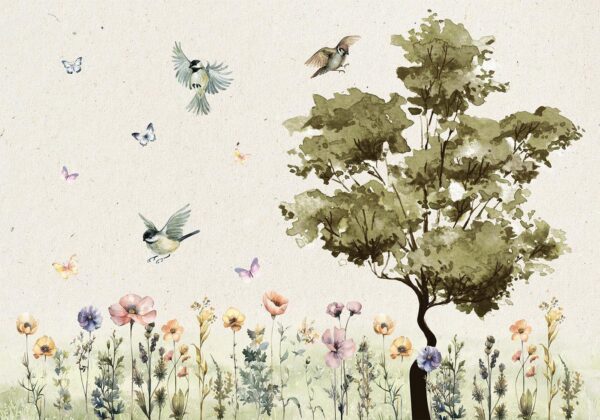 Fotobehang - Spring Meadow - a Clearing With Flowers Painted in Watercolours