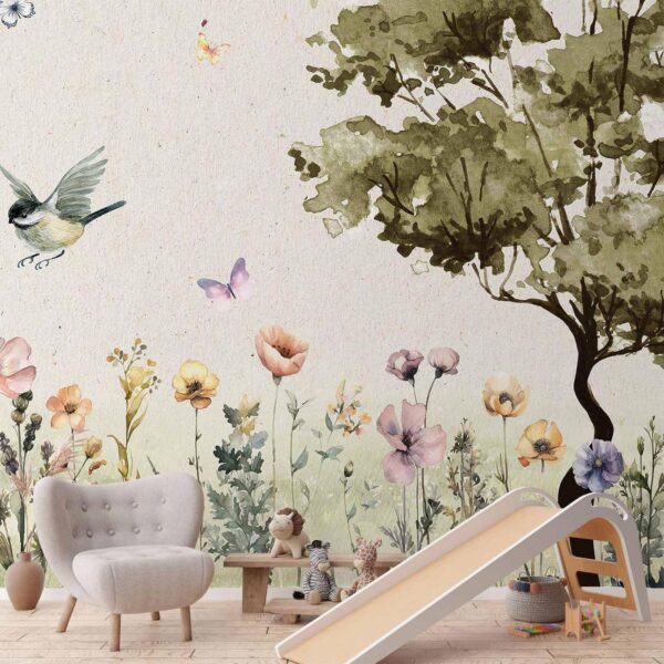 Fotobehang - Spring Meadow - a Clearing With Flowers Painted in Watercolours
