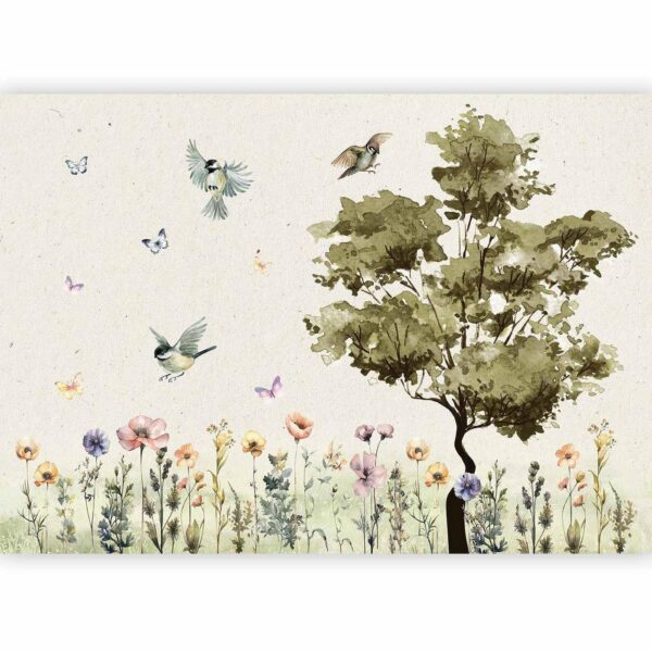 Fotobehang - Spring Meadow - a Clearing With Flowers Painted in Watercolours