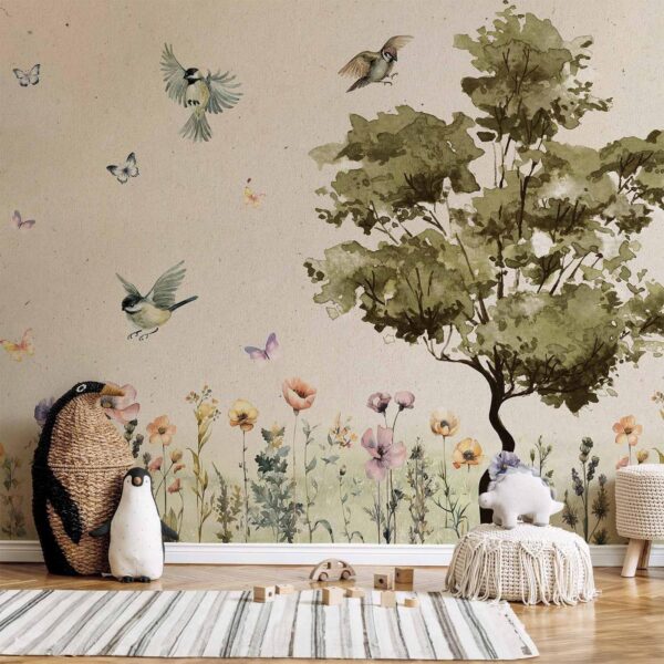 Fotobehang - Spring Meadow - a Clearing With Flowers Painted in Watercolours