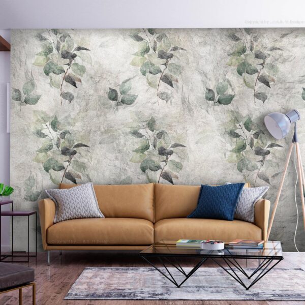 Fotobehang - Statue of nature - plant motif with green leaves with grey patterns
