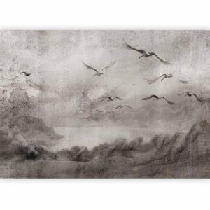 Fotobehang - Swan flight - abstract landscape of birds over a lake with texture
