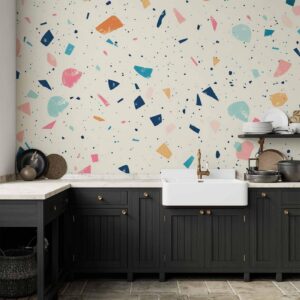 Fotobehang - Terrazzo with Multicolored Large Elements Cheerful Pattern on a Light Background