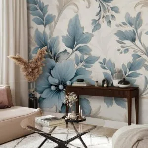 Fotobehang - Turquoise Flowers in Retro Ambience - Floristic Ornaments