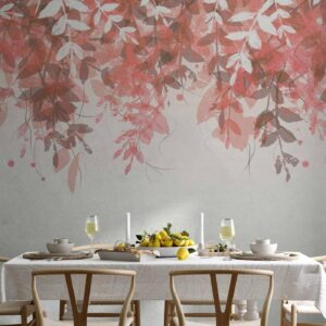 Fotobehang - Under vegetation - hanging vines of pink leaves on a neutral background