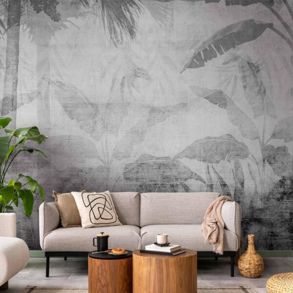 Fotobehang - Vanishing jungle - landscape of exotic trees and leaves in grey tones