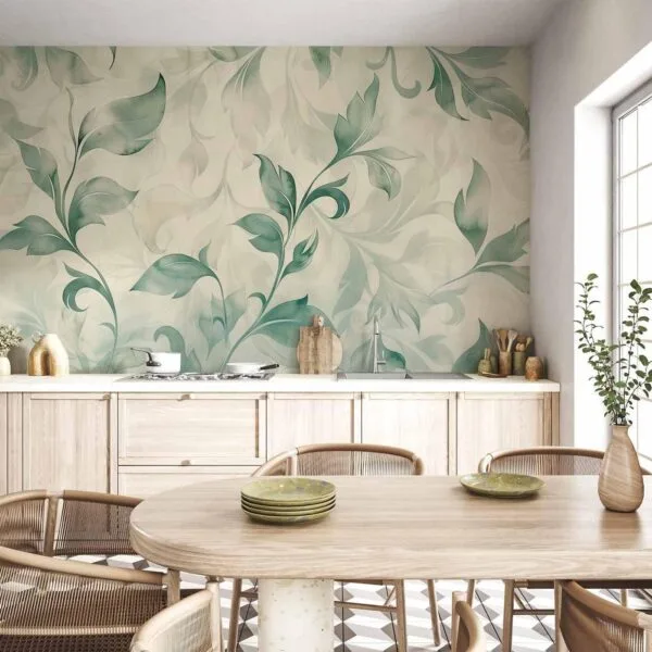 Fotobehang - Watercolor Botanical Motif Delicate Green-Beige Leaves