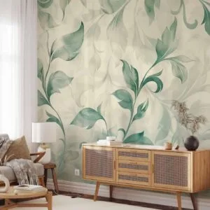 Fotobehang - Watercolor Botanical Motif Delicate Green-Beige Leaves