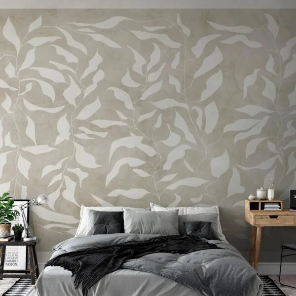 Fotobehang - White leaves - abstract plant motif on beige background with frame