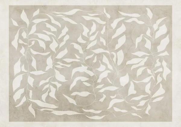 Fotobehang - White leaves - abstract plant motif on beige background with frame