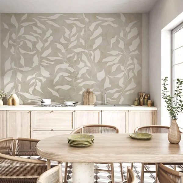 Fotobehang - White leaves - abstract plant motif on beige background with frame