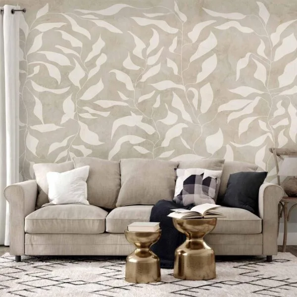 Fotobehang - White leaves - abstract plant motif on beige background with frame