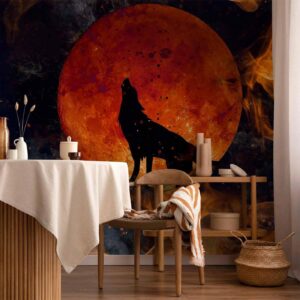 Fotobehang - Wild nature - wolf on a background of a red moon in flames of fire
