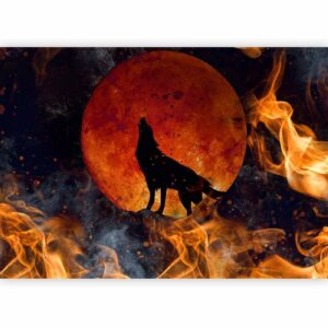 Fotobehang - Wild nature - wolf on a background of a red moon in flames of fire
