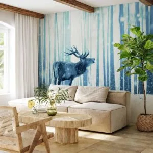 Fotobehang - Winter animals - deer motif on a forest background in shades of blue