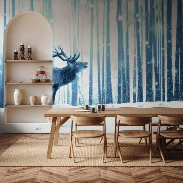 Fotobehang - Winter animals - deer motif on a forest background in shades of blue
