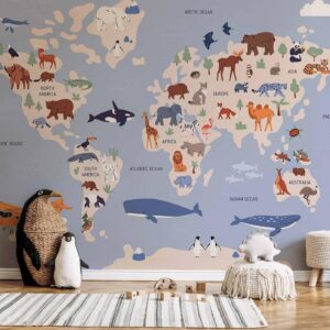 Fotobehang - World Map With Animal Illustrations