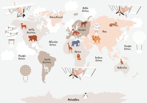 Fotobehang - World Map in Beige Tones for Children's Room