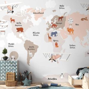 Fotobehang - World Map in Beige Tones for Children's Room