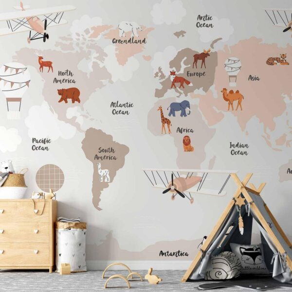 Fotobehang - World Map in Beige Tones for Children's Room