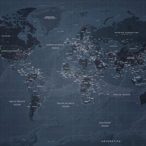 Fotobehang - World map in blue - continents with inscriptions in English