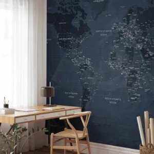 Fotobehang - World map in blue - continents with inscriptions in English