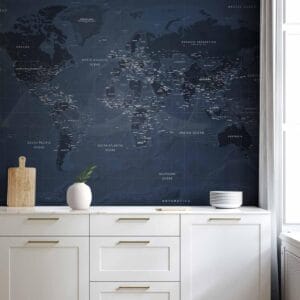 Fotobehang - World map in blue - continents with inscriptions in English