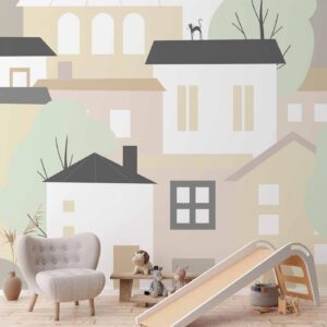 Fotobehang - Yellow town - city suburb with trees and cats for children