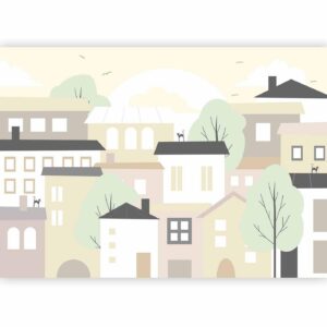 Fotobehang - Yellow town - city suburb with trees and cats for children