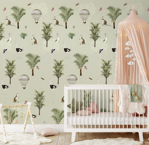 Fotobehang Ostrich Repeat Green Olive&Noah INK7804