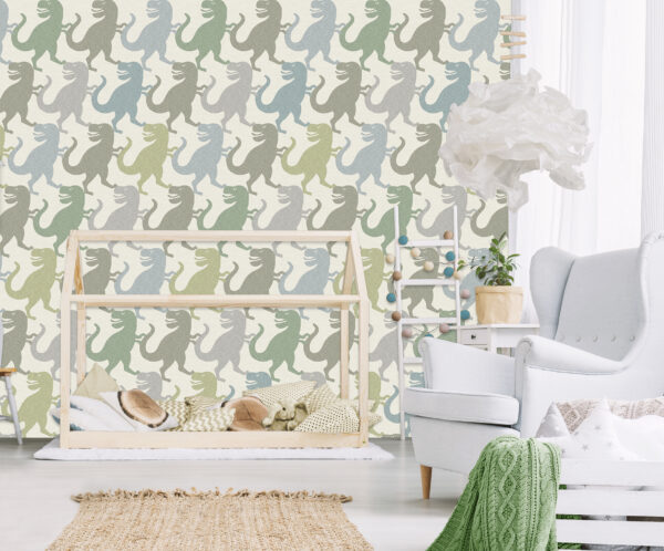 Kinderkamer met fotobehang van Olive&Noah, voorzien van een speels dinosaurussenpatroon in groene, blauwe en grijze tinten. Perfect voor een avontuurlijke kinderkamer.
