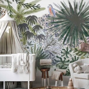 Fotobehang – Flora of Madagascar – Tropical Landscape With Watercolour Animals 400x280