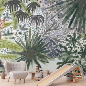 Fotobehang – Flora of Madagascar – Tropical Landscape With Watercolour Animals 400x280