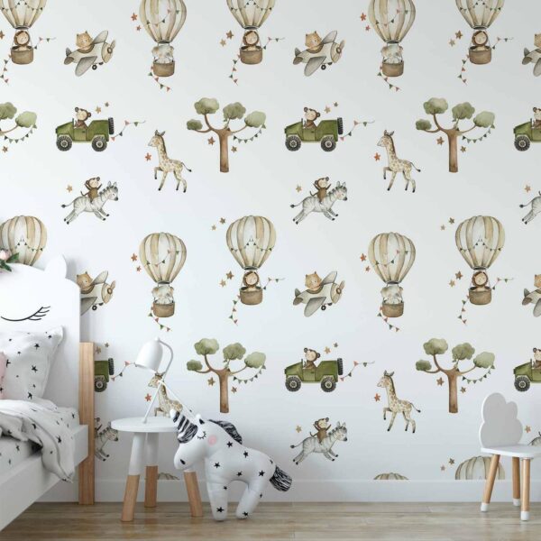 Fotobehang – Africa for Toddler – Animals on Savannah in Watercolour Technique 400x280