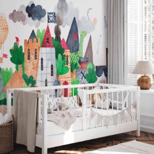 Fotobehang - A colourful treasure island with a castle - a pirate ship at sea for children