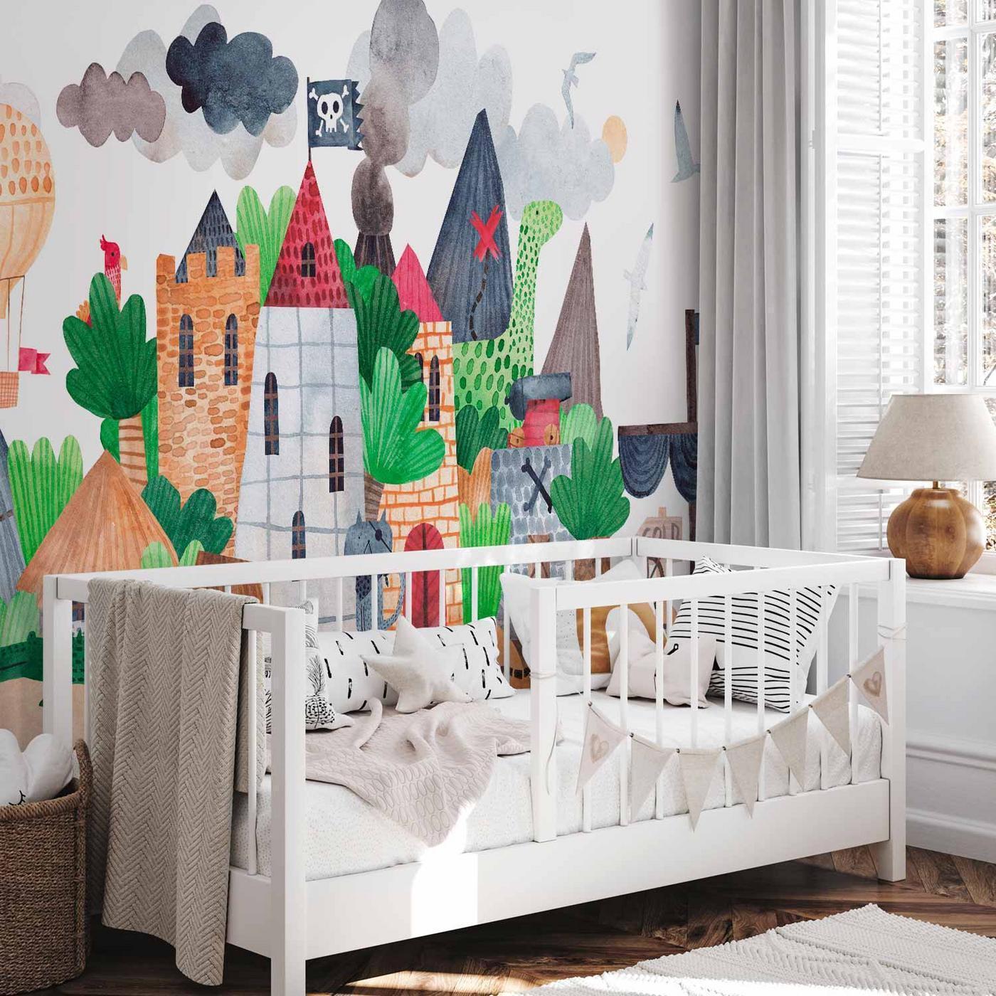 Fotobehang - A colourful treasure island with a castle - a pirate ship at sea for children