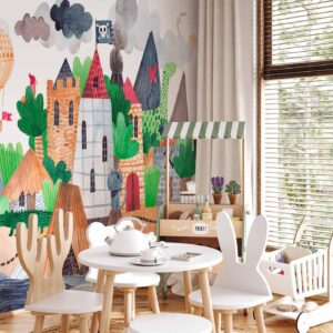 Fotobehang - A colourful treasure island with a castle - a pirate ship at sea for children