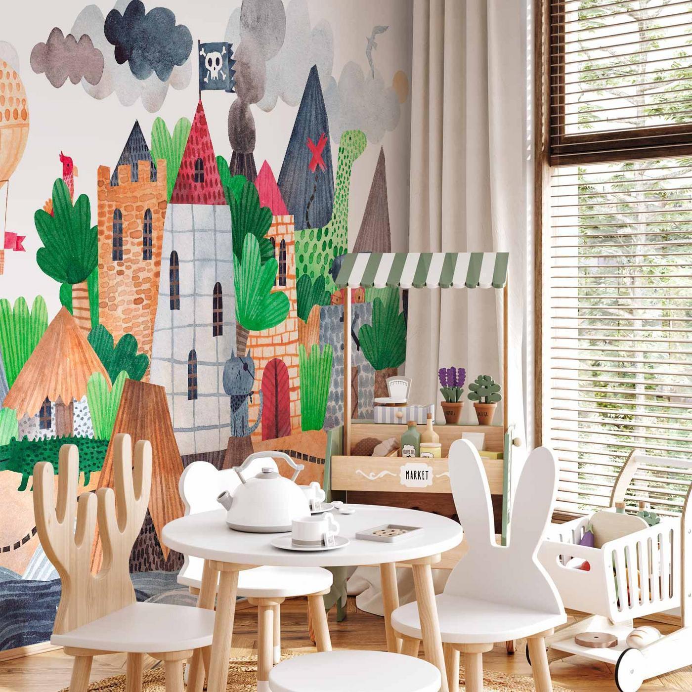 Fotobehang - A colourful treasure island with a castle - a pirate ship at sea for children